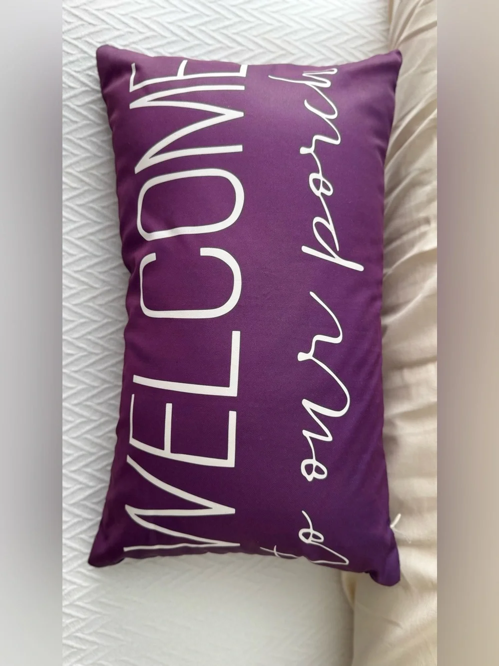 SET OF 2 ‘Welcome to Our Porch’ 20” Navy Blue & White Outdoor Pillows & Covers
